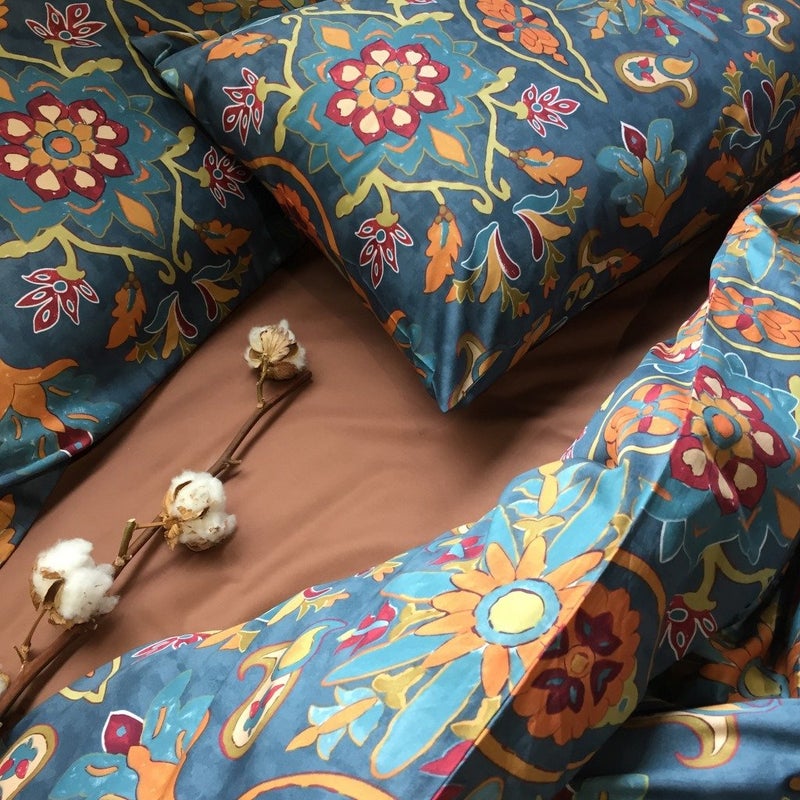 Eikei Damask Medallion Duvet Cover Set, Egyptian Cotton Sateen, 400 Thread Count, Bohemian Pattern (King) - Image 2